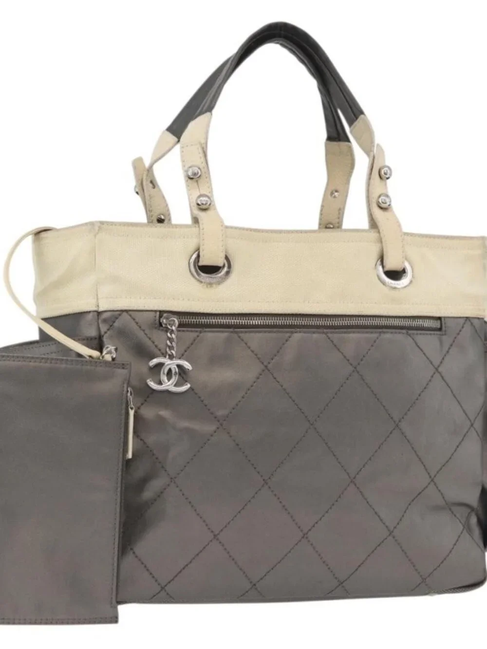 CHANEL Paris Biarritz MM Tote Bag Coated Canvas Silver CC Auth 182784